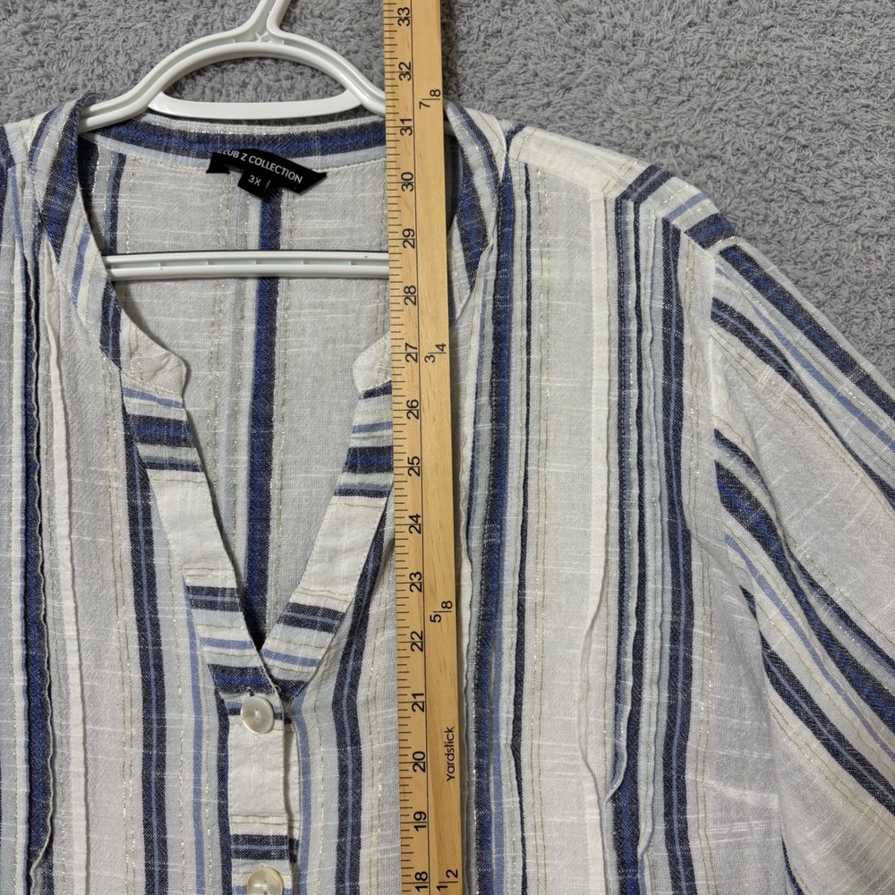Comfortable Cotton Blend Blouse Roll Tab Sleeve Lightweight Blue Stripe 3X - Picture 9 of 9